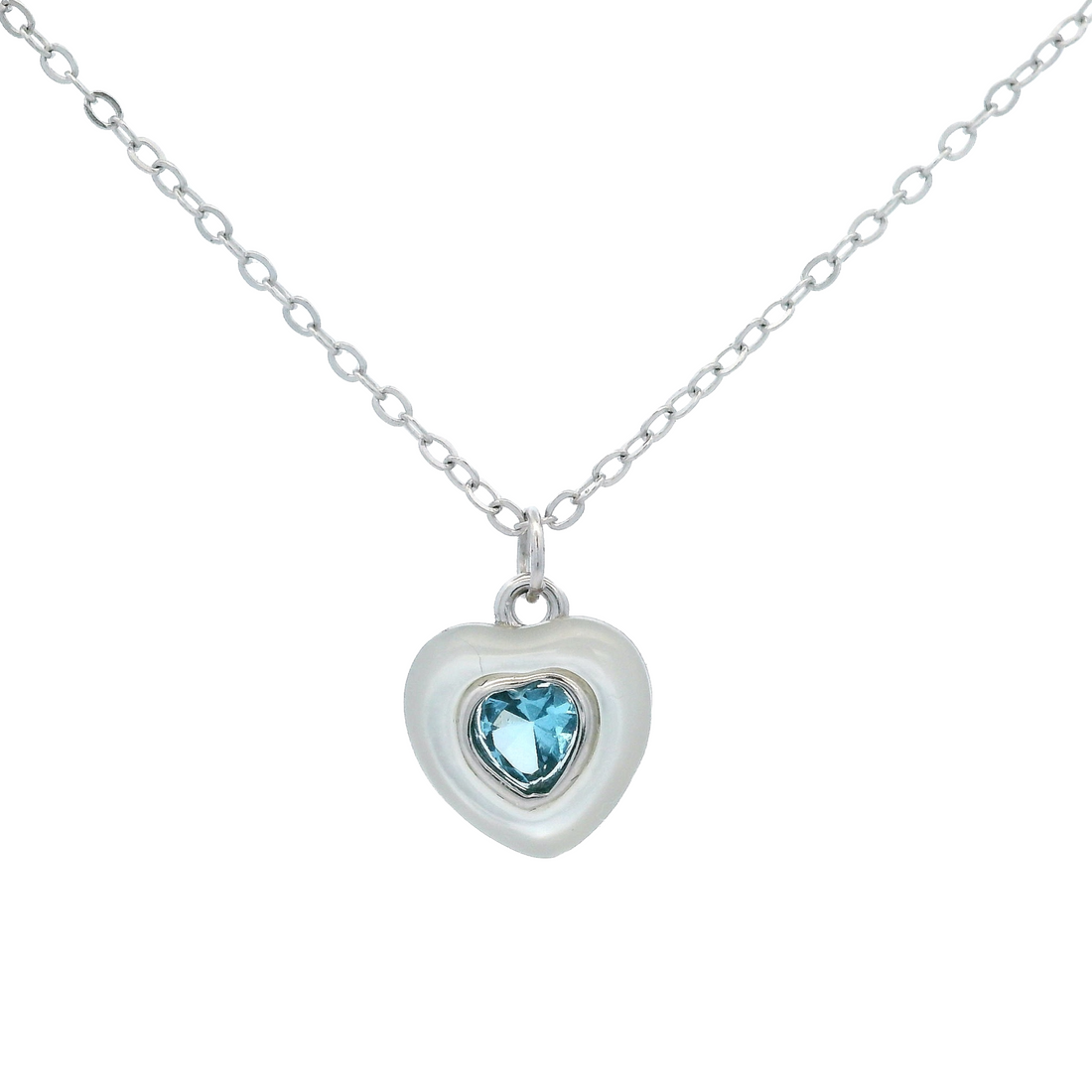 925SS HEART SKY BLUE CZ AND SHELL PEARL NECKLACE