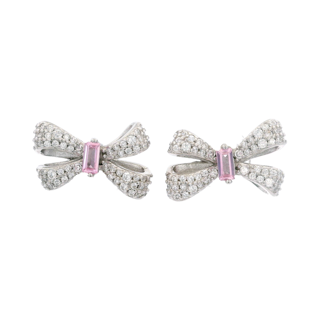 925SL SMALL BOW PAVE CENTER CZ PINK EARRINGS